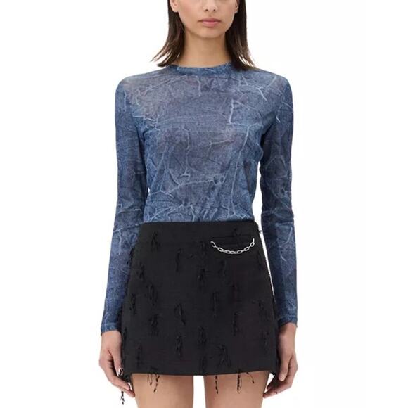 Ganni denim Printed Mesh Long Sleeve Blouse Small - Picture 1 of 11